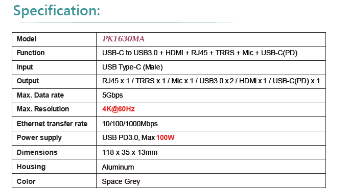 PK1630MA  USB-C to USB3.0 + HDMI + RJ45 + TRRS + Mic + USB-C(PD)(图1)